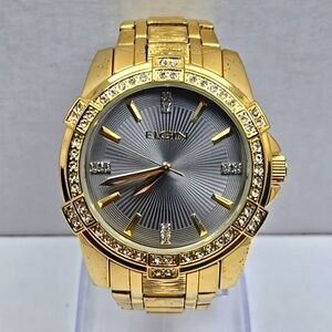 Mens Elgin Analog Wristwatch Watch Gold Tone with Crystals New Battery